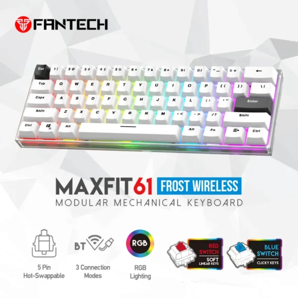 MAXFIT 61 MK857 FROST WIRELESS MODULAR MECHANICAL KEYBOARD BLACK (REDSWITCH/BLUESWITCH)