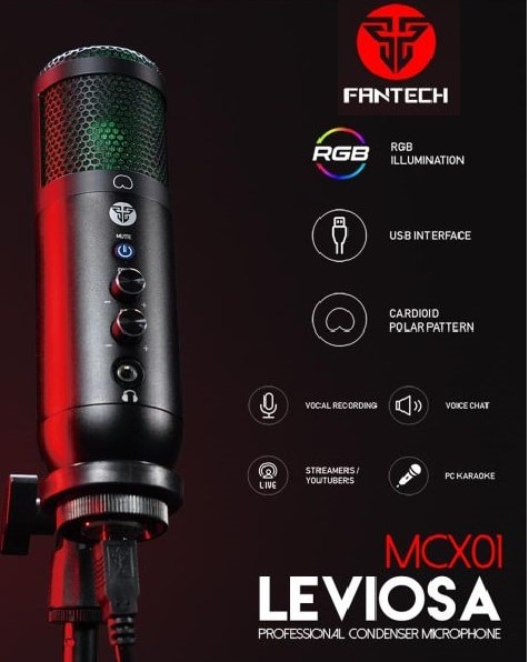 Fantech MCX01 Leviosa Professional Condenser Microphone - Cardioid Polar Pattern - RGB Illumination - USB Interface - Easy Adjustable Tripod - Pop Filter