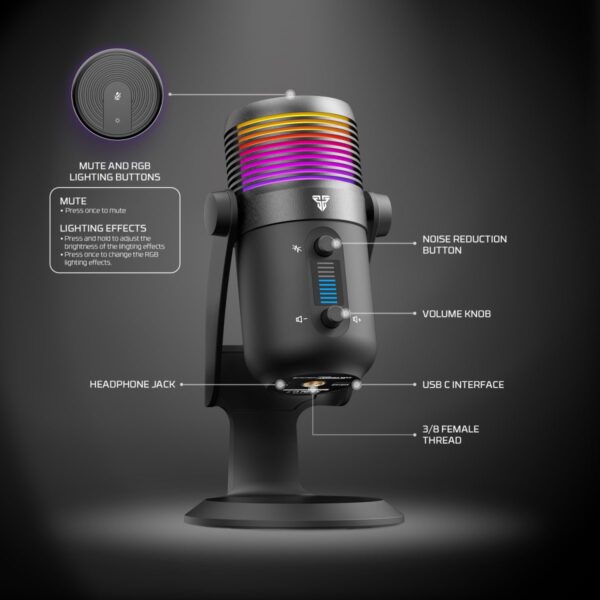 FANTECH MCX03 LEVIOSA MAX Microphone USB-C RGB Professional Gaming Stream Condenser – Noise Reduction tech – Real Time Monitoring with Headphone jack | Black