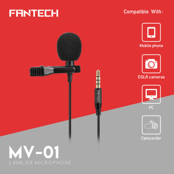 Fantech MV-01 Professional Lavalier 3.5mm (TRRS) Clip-on Microphone with Hard Case free